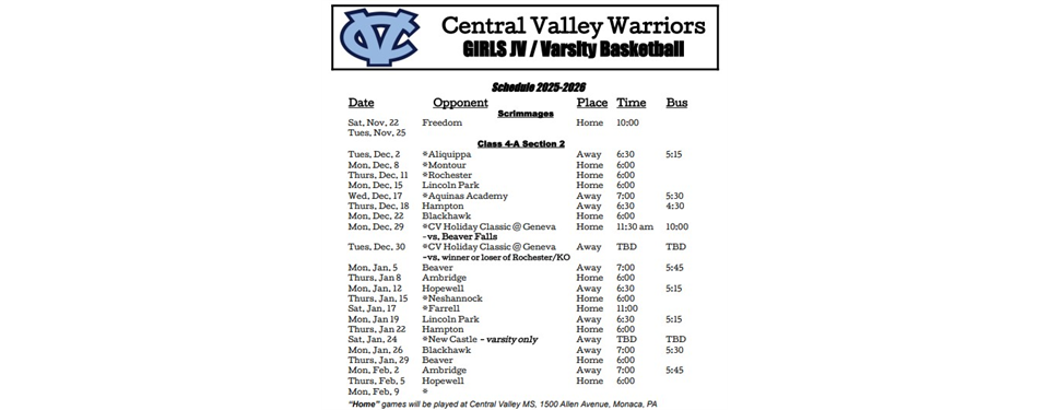 2025-26 Girls Varsity Schedule